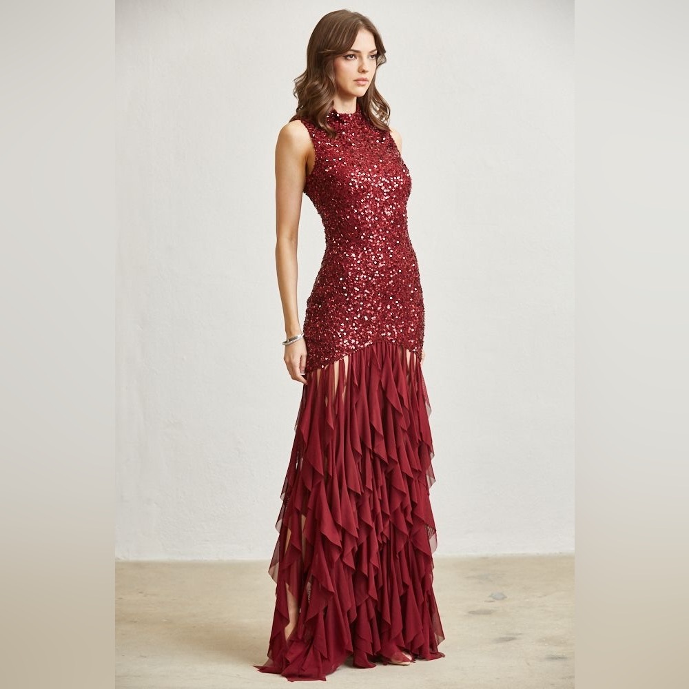 Sequin Ruffle Hem Floor-Length Gown - Blithe - Picture 4 of 5